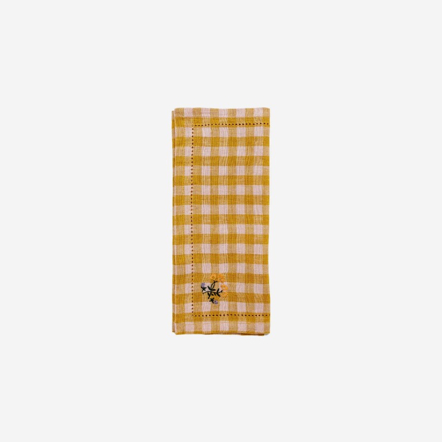 Dining Projektityyny | Gingham Embroidered Napkin Mustard