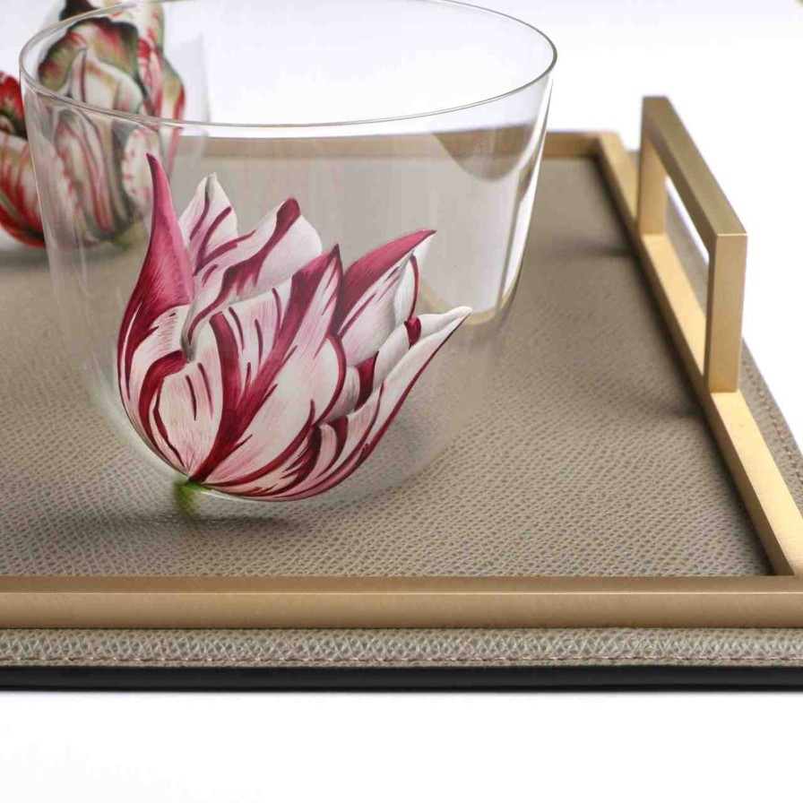 Home Accessories Giobagnara | Defile Medium Rectangular Leather Tray Mud & Brass