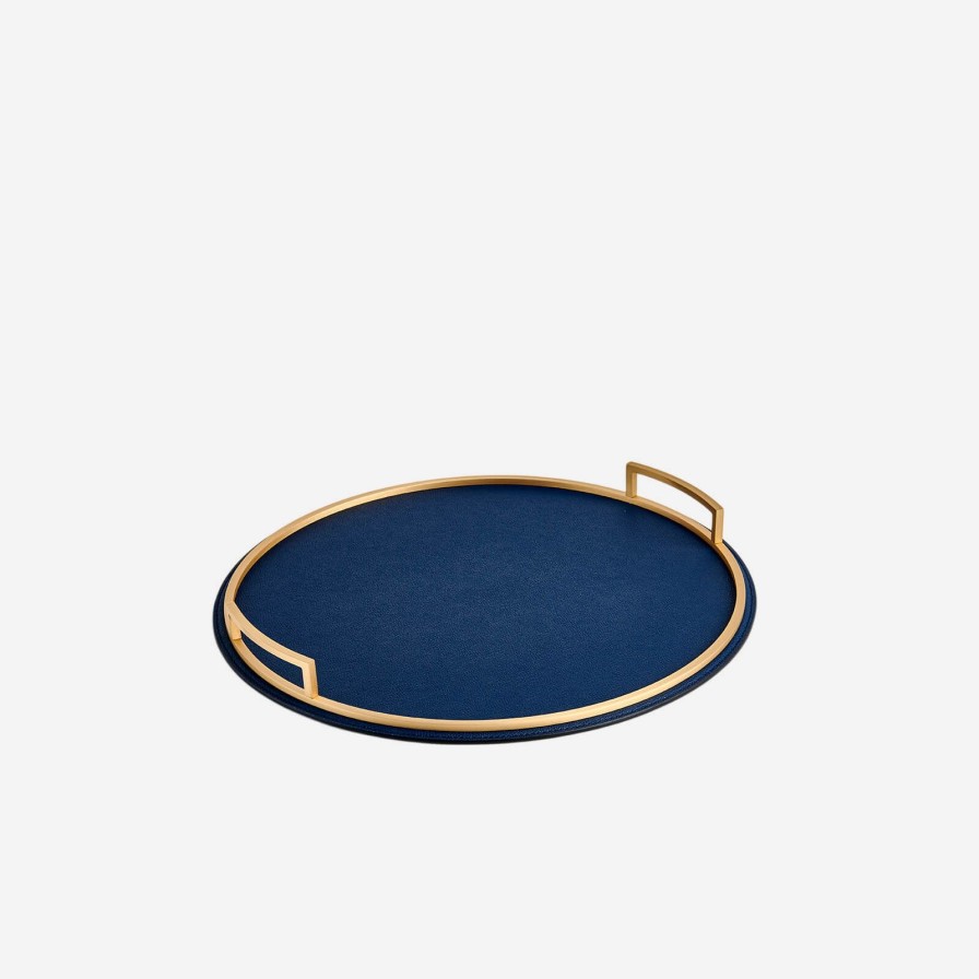 Home Accessories Giobagnara | Defile Medium Round Leather Tray Royal Blue