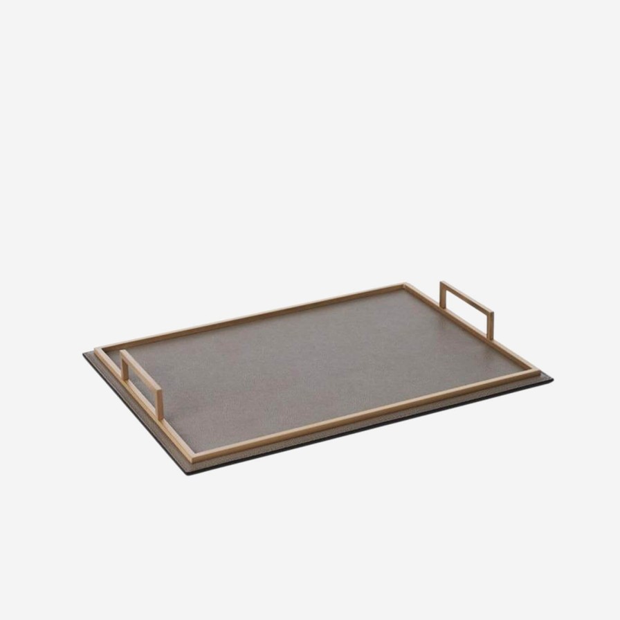 Dining Giobagnara | Defile Medium Rectangular Leather Tray Mud & Brass