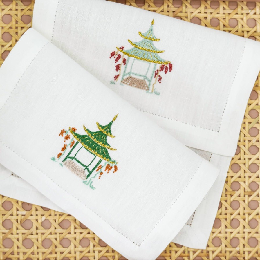 Dining Bonadea | Set Of Six Pagoda Embroidered Cocktail Napkins