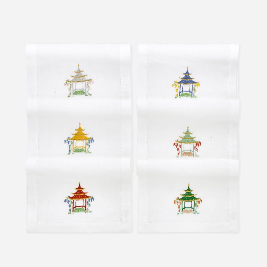 Dining Bonadea | Set Of Six Pagoda Embroidered Cocktail Napkins